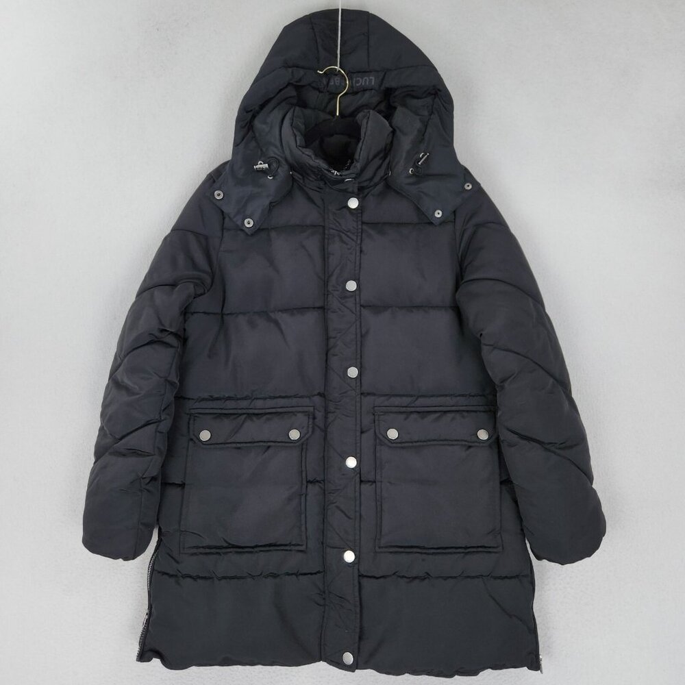 Lucky Brand Coat Womens Medium Black Parka Quilted Puffer Full Zip Hooded Casual